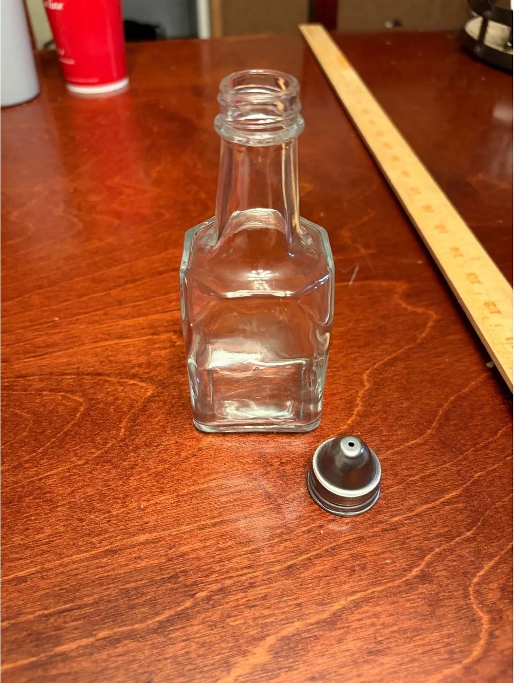 Small Clear Glass Square Bottle with Metal Cap and Spout